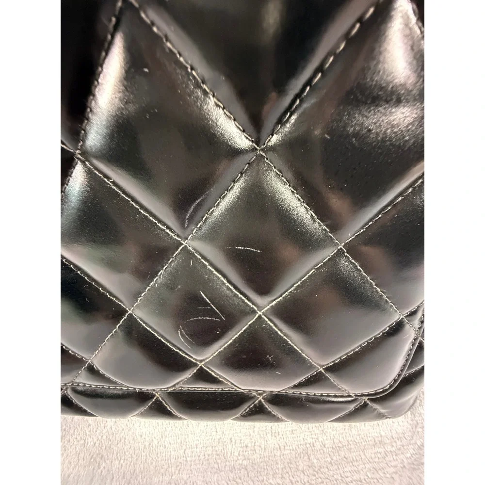Chanel Black Patent Leather Quilted CC 24k Charm Tote Bag w/ Poshmark COA